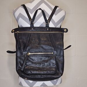 TUSK Small Gotham Snake Skin Leather Black Adj Strap Top Security Snap Backpack.